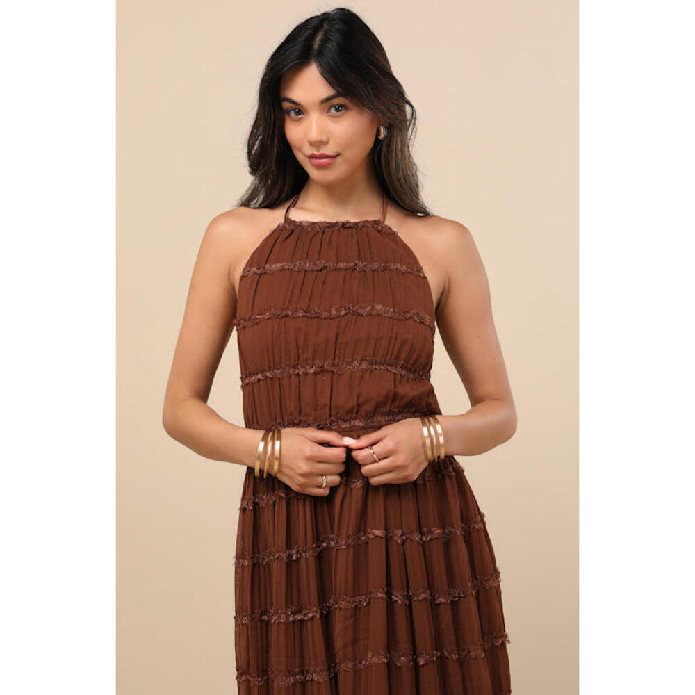 Lulus Madriana Brown Halter Neck Ruffed Midi Dress - Size S